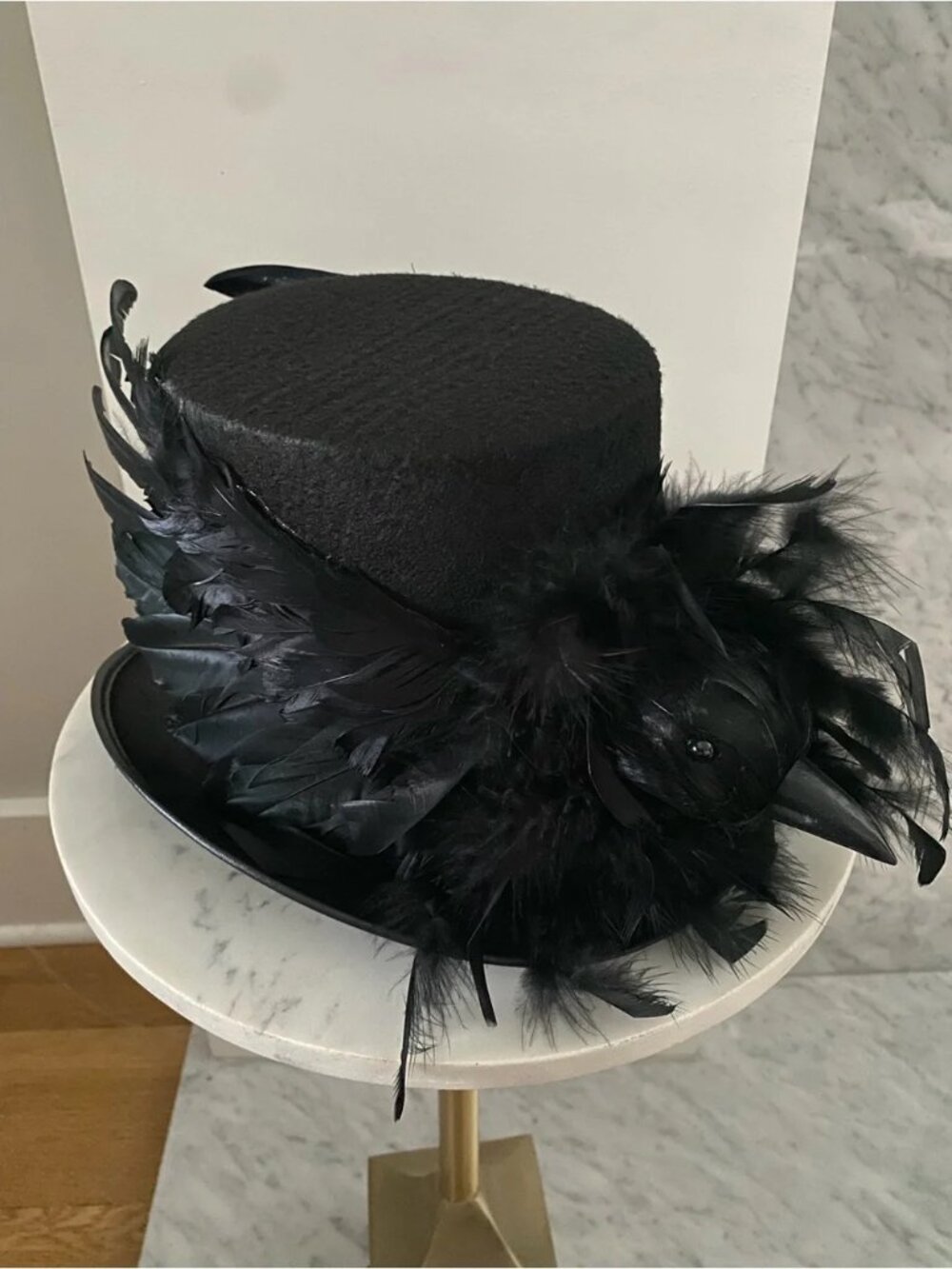 STUNNING RAVEN EMBELLISHED TOP HAT..REAL FEATHERS...DARK CHARM